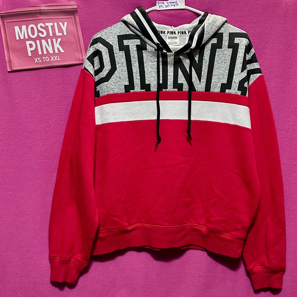 PINK Victoria's Secret Red and Gray Color-Block Hoodie